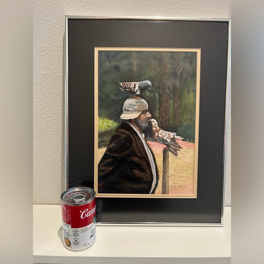 Central Park Man & Pigeons ORIGINAL Painting signed framed